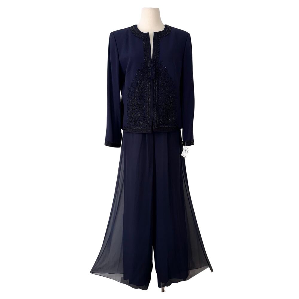 Teri Jon by Rickie Freeman Matching Set Blazer Jacket and Silk Pants Navy 14 NWT